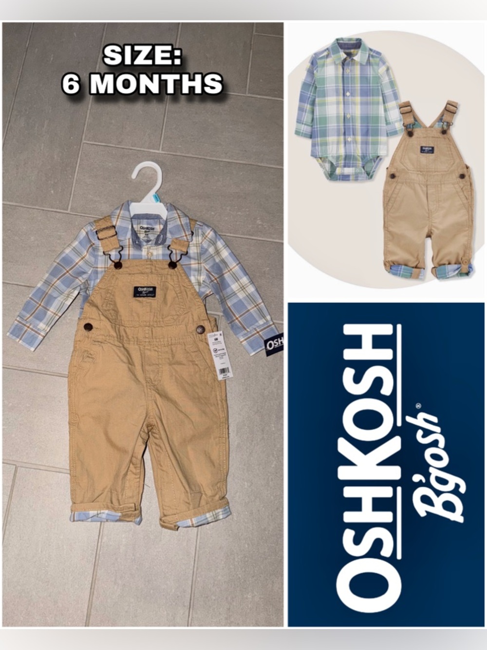NWT - OshKosh B'gosh - Lightweight Blue Plaid-Lined Tan Overalls + Bodysuit